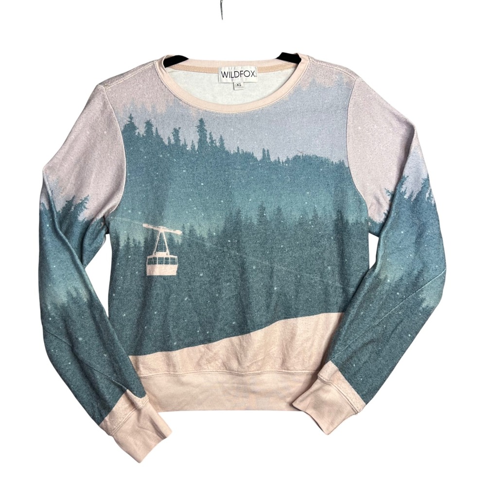 Wildfox Ski‎ Lift Allover Graphic Sweatshirt Womens XS Pullover Pink Blue NEW